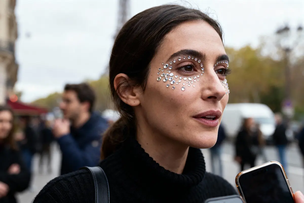 Femme avec strass autour des yeux, interviewée dans la rue, personnes floues en arrière-plan.