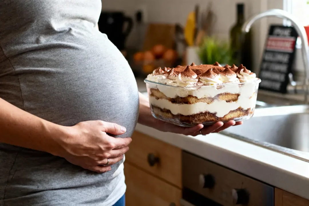 Femme enceinte tenant un grand plat de tiramisu dans une cuisine près de l'évier.