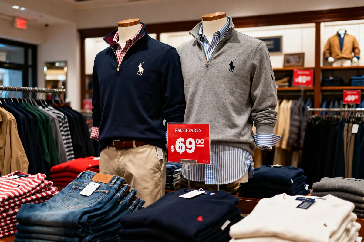 Mannequins avec pulls Ralph Lauren en magasin, sur fond de vêtements pliés et affiches promotionnelles.