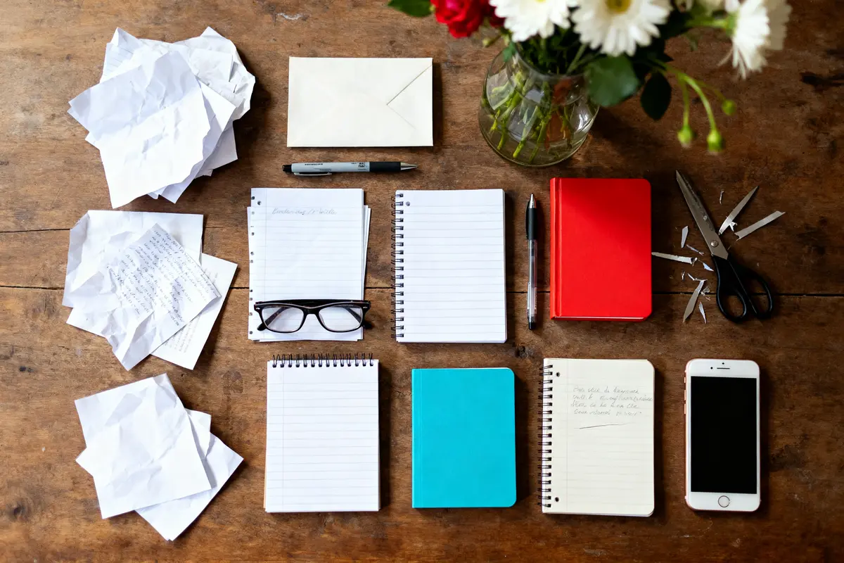 Carnet, lunettes, fleurs, enveloppe blanche, papiers froissés, ciseaux, smartphone, stylos sur bureau en bois.