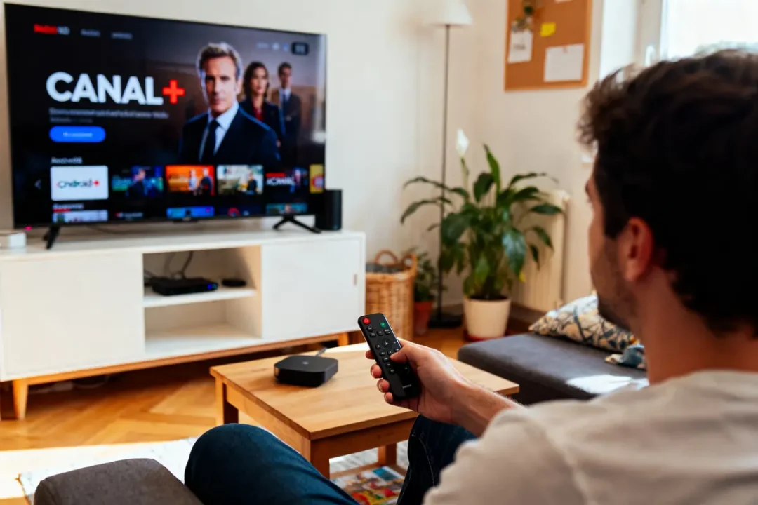 Homme regardant Canal+ sur télévision avec télécommande, intérieur salon moderne, plante en arrière-plan.