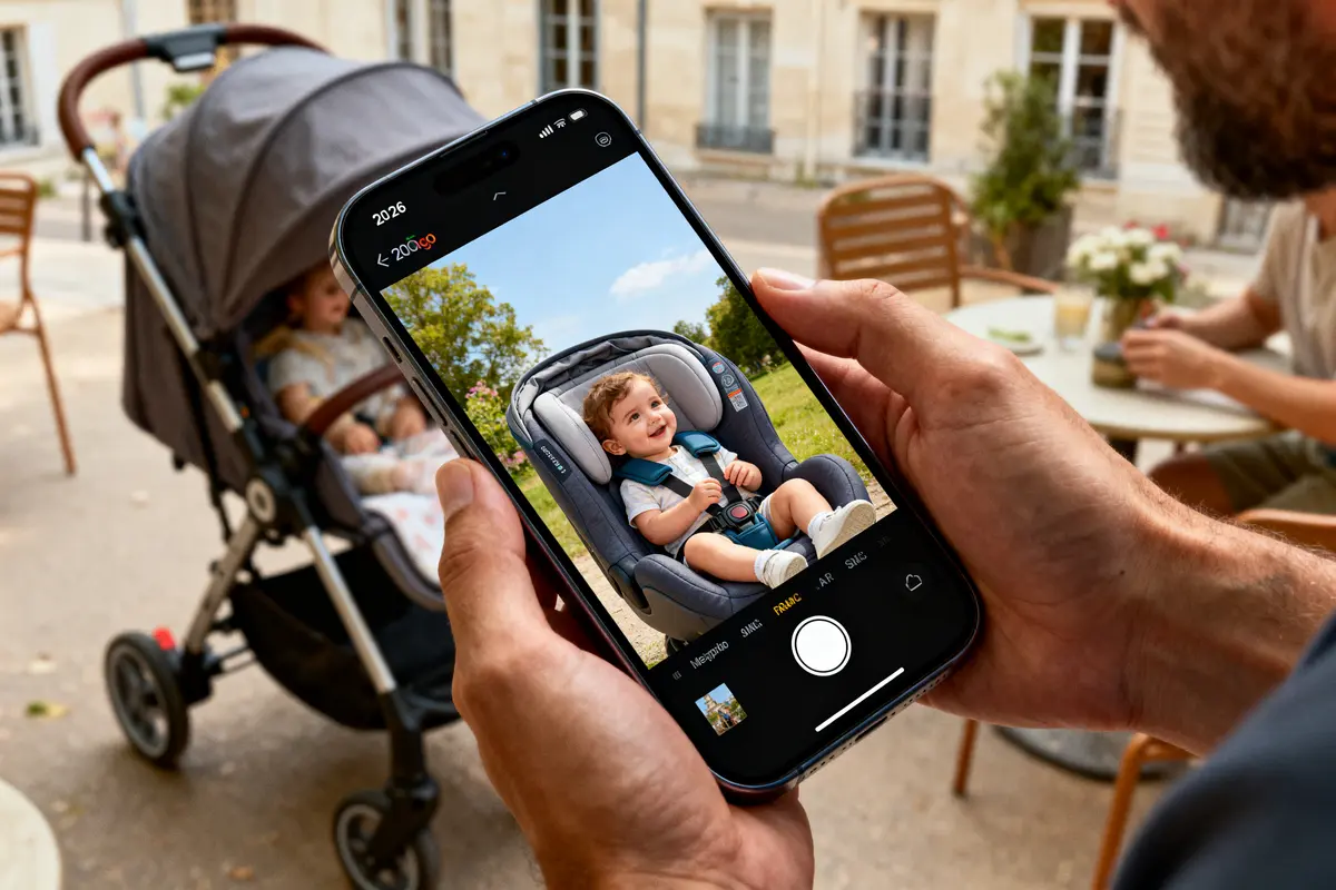 Photo d'un bébé souriant sur smartphone avec poussette floue en fond à l'extérieur.