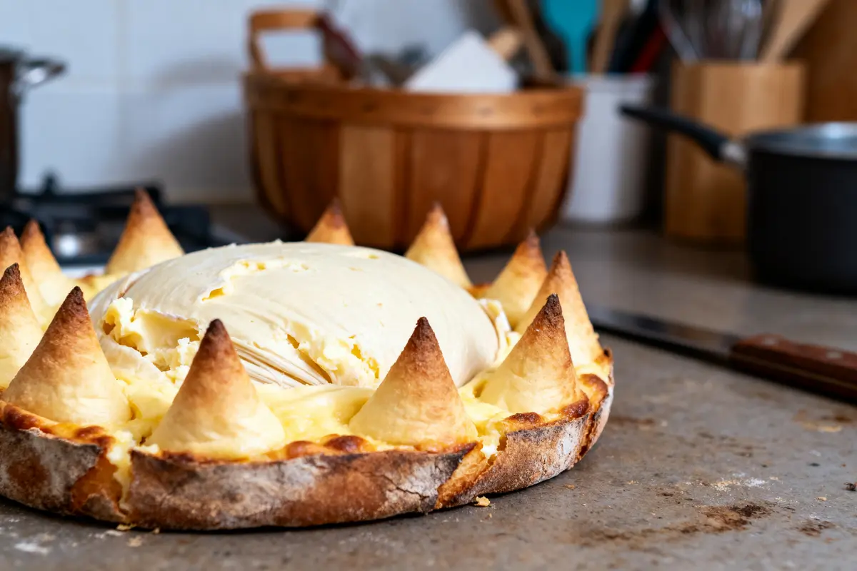 Gâteau traditionnel basque avec crêtes brunes proéminentes, posé sur une table de cuisine en bois.
