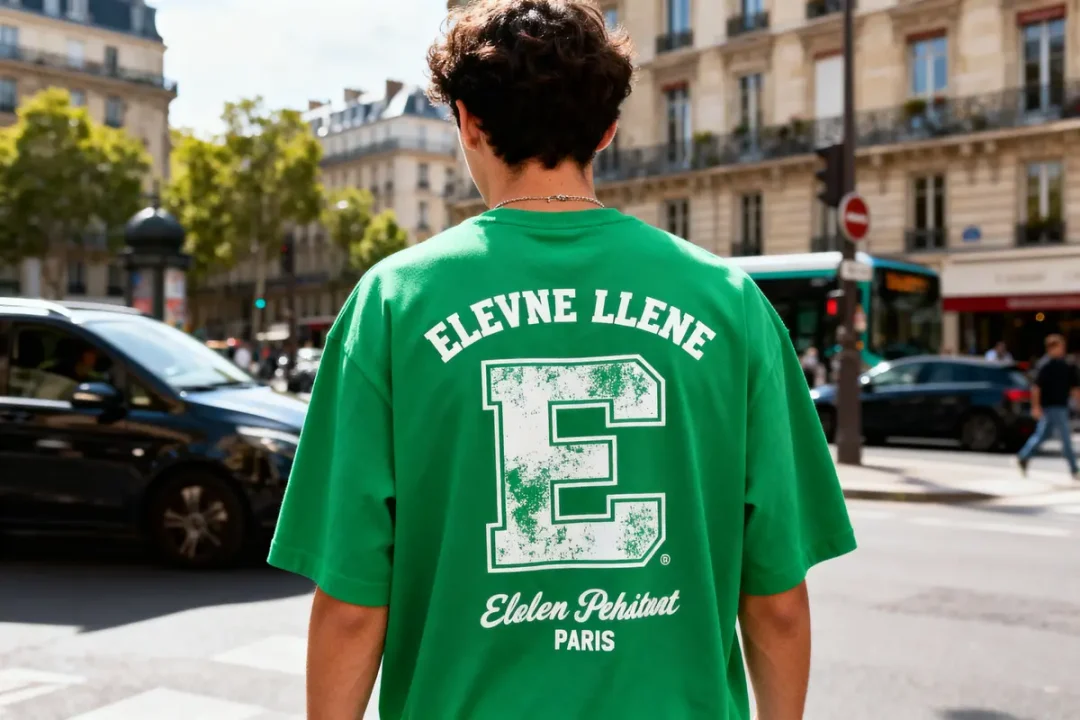 Personne portant un t-shirt vert avec texte “Elevne Llene” dans une rue de Paris.