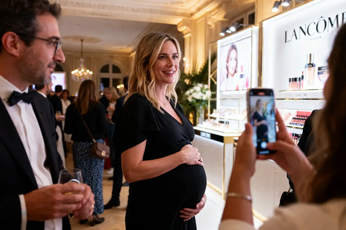 Une femme enceinte en robe noire, souriante, pose lors d'un événement Lancôme, entourée d'autres personnes.