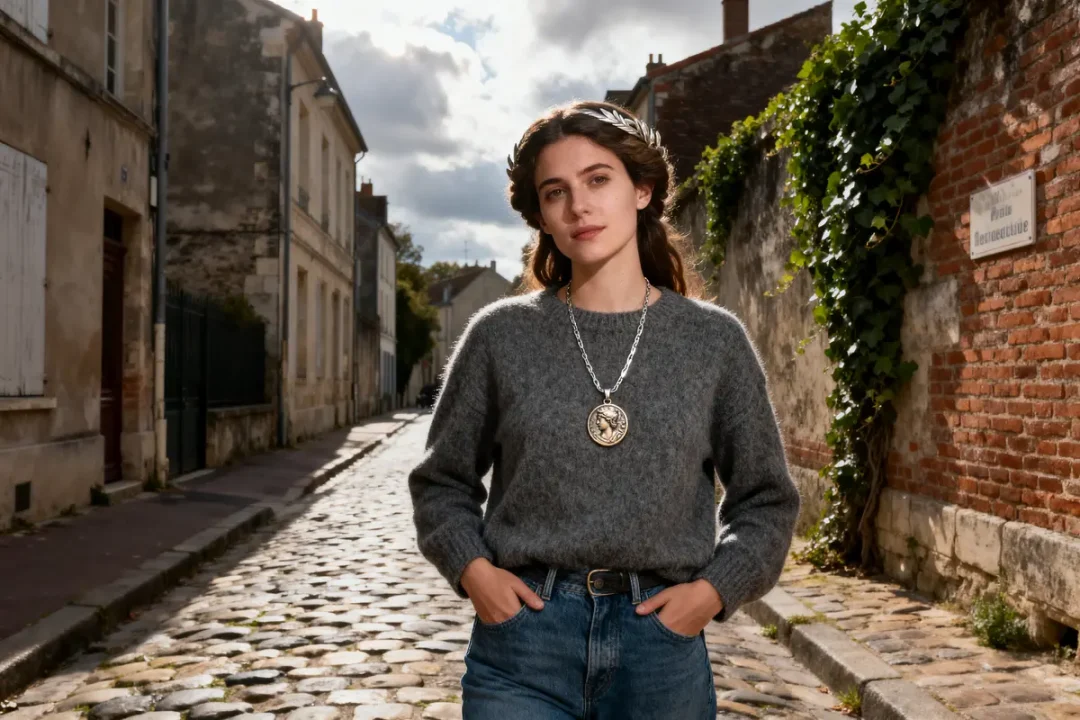Jeune femme dans rue pavée, portant pull gris et collier, ciel nuageux, mur couvert de lierre.