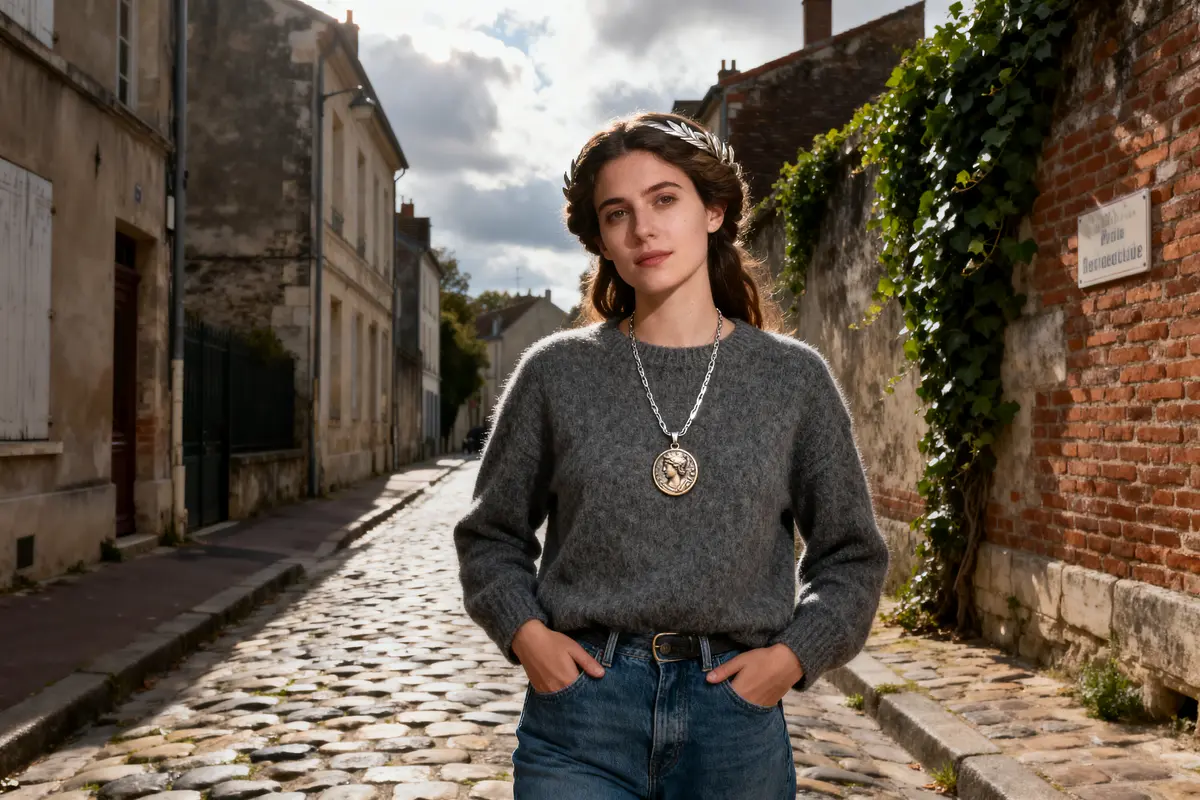 Jeune femme dans rue pavée, portant pull gris et collier, ciel nuageux, mur couvert de lierre.