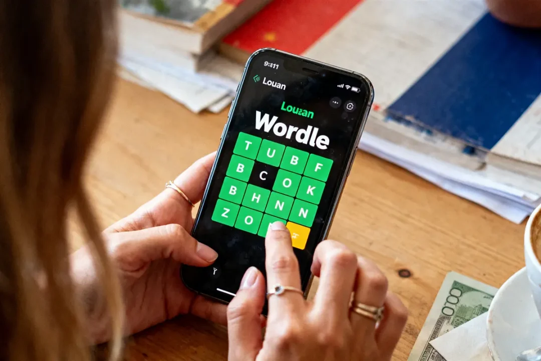 Personne jouant à Wordle sur smartphone, grille verte affichée, fond de bureau avec livres et café.