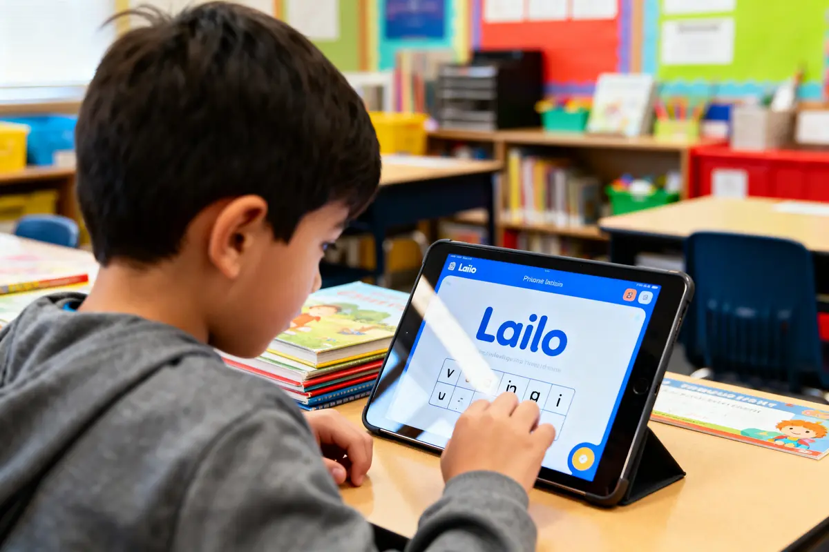 Enfant utilisant tablette pour une application éducative dans une salle de classe colorée. Livres empilés à côté.