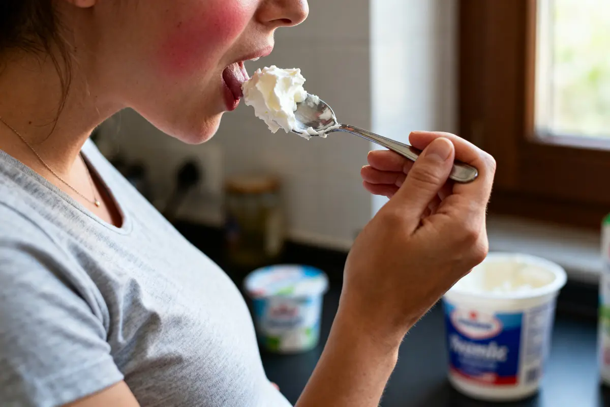Femme mangeant du yaourt avec une cuillère dans une cuisine près d'une fenêtre.