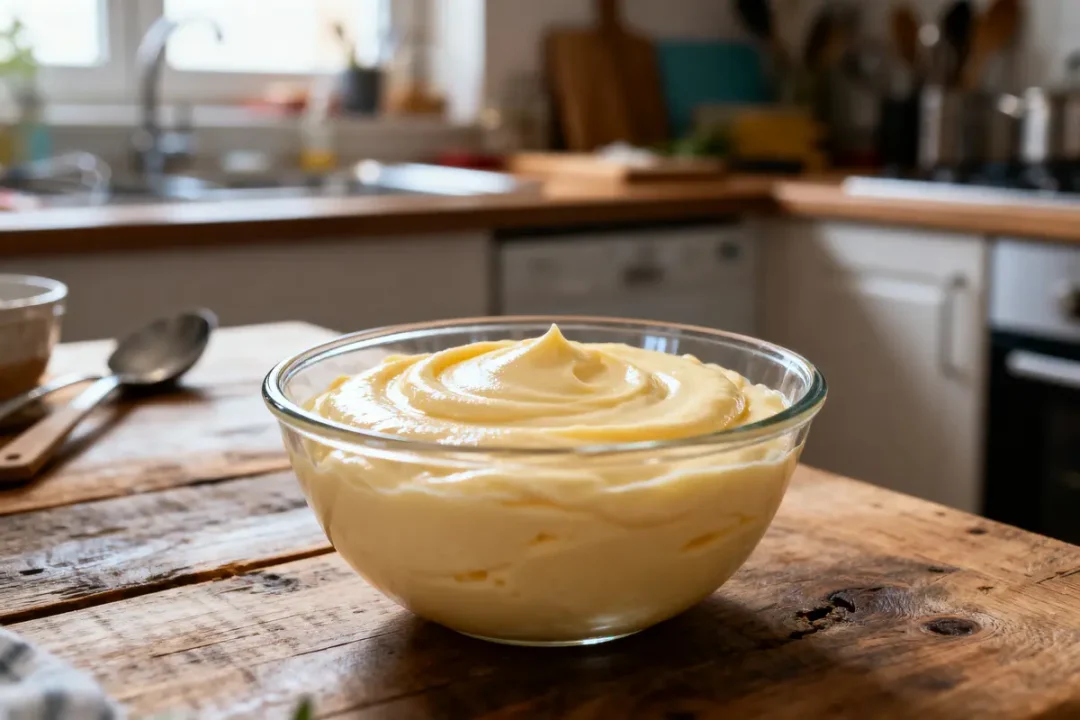 Bol de purée de pommes de terre crémeuse sur une table en bois dans une cuisine lumineuse.