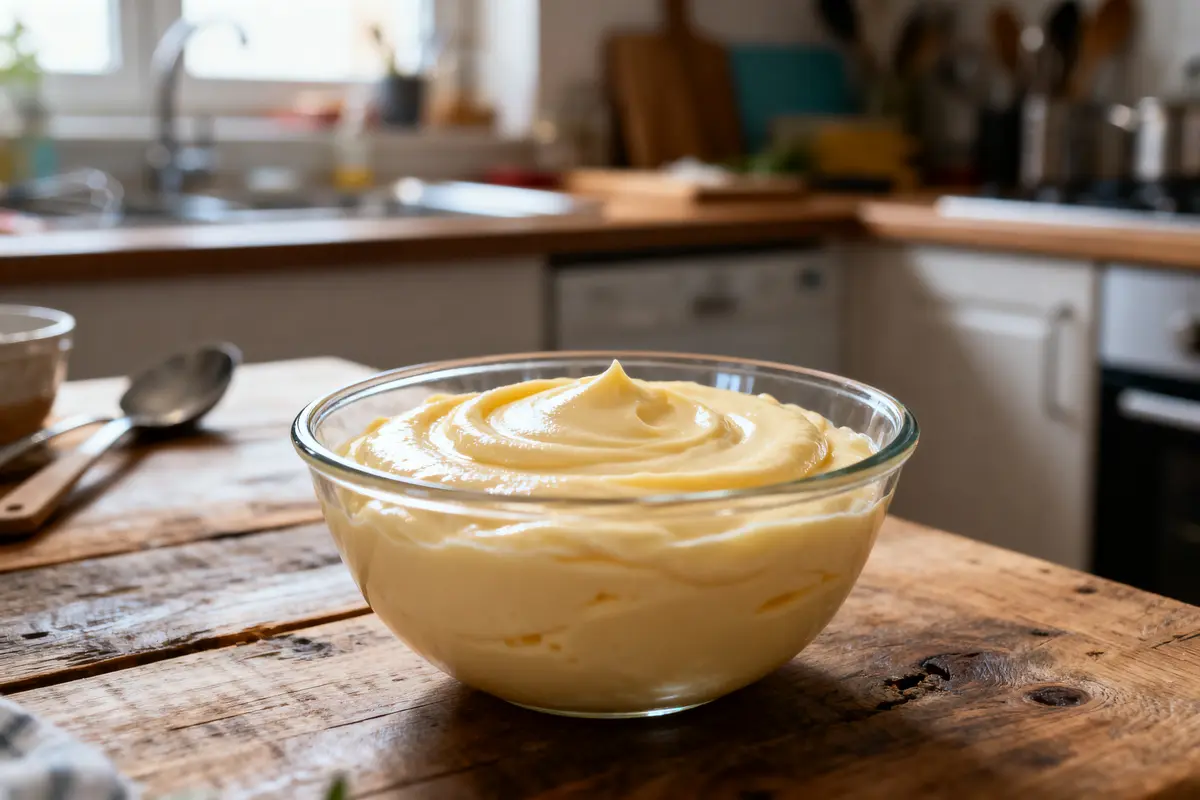 Bol de purée de pommes de terre crémeuse sur une table en bois dans une cuisine lumineuse.
