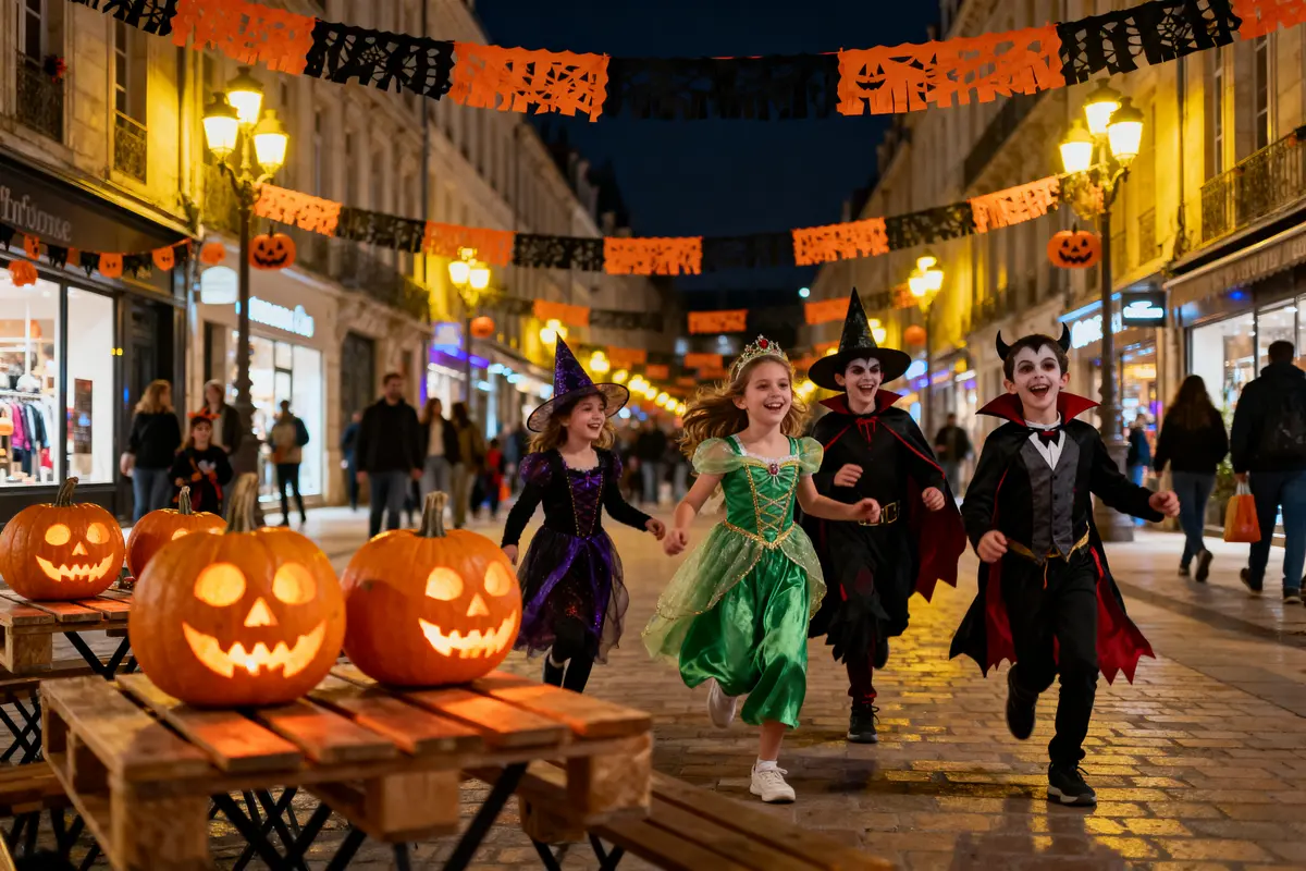 Enfants déguisés courent pour Halloween, citrouilles lumineuses, banderoles colorées, rue animée, ambiance festive nocturne.