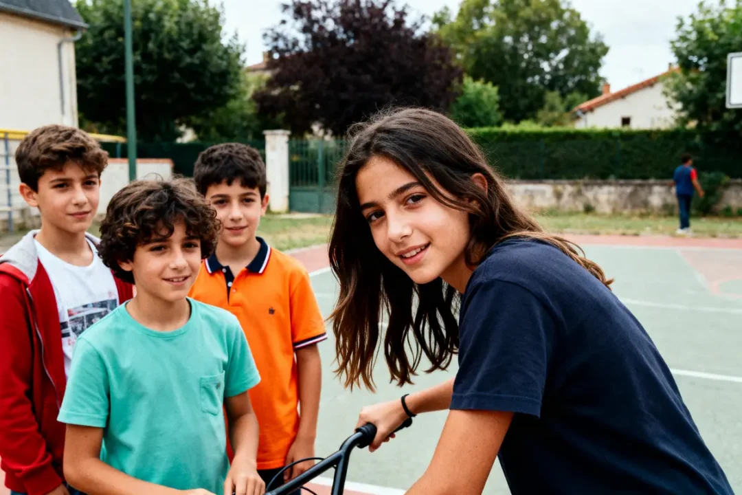 Quatre enfants souriants, deux garçons et une fille, sur un terrain de basket en plein air, ambiance détendue.