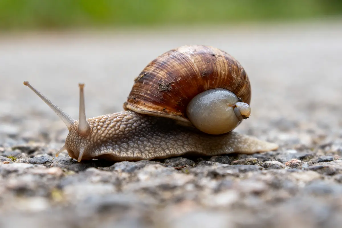 Escargot brun sur sol pavé, vu de près, avec coquille spiralée. Arrière-plan flou et herbe verte.