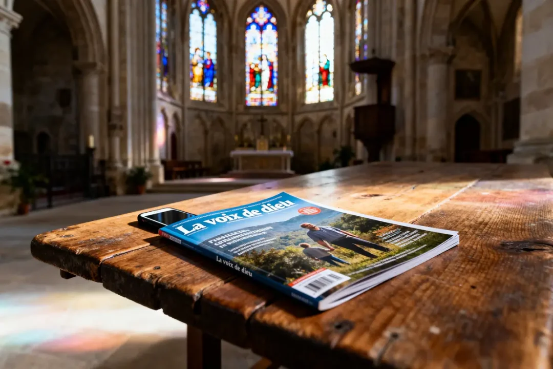 Magazine sur une table en bois dans une église avec vitraux colorés en arrière-plan.