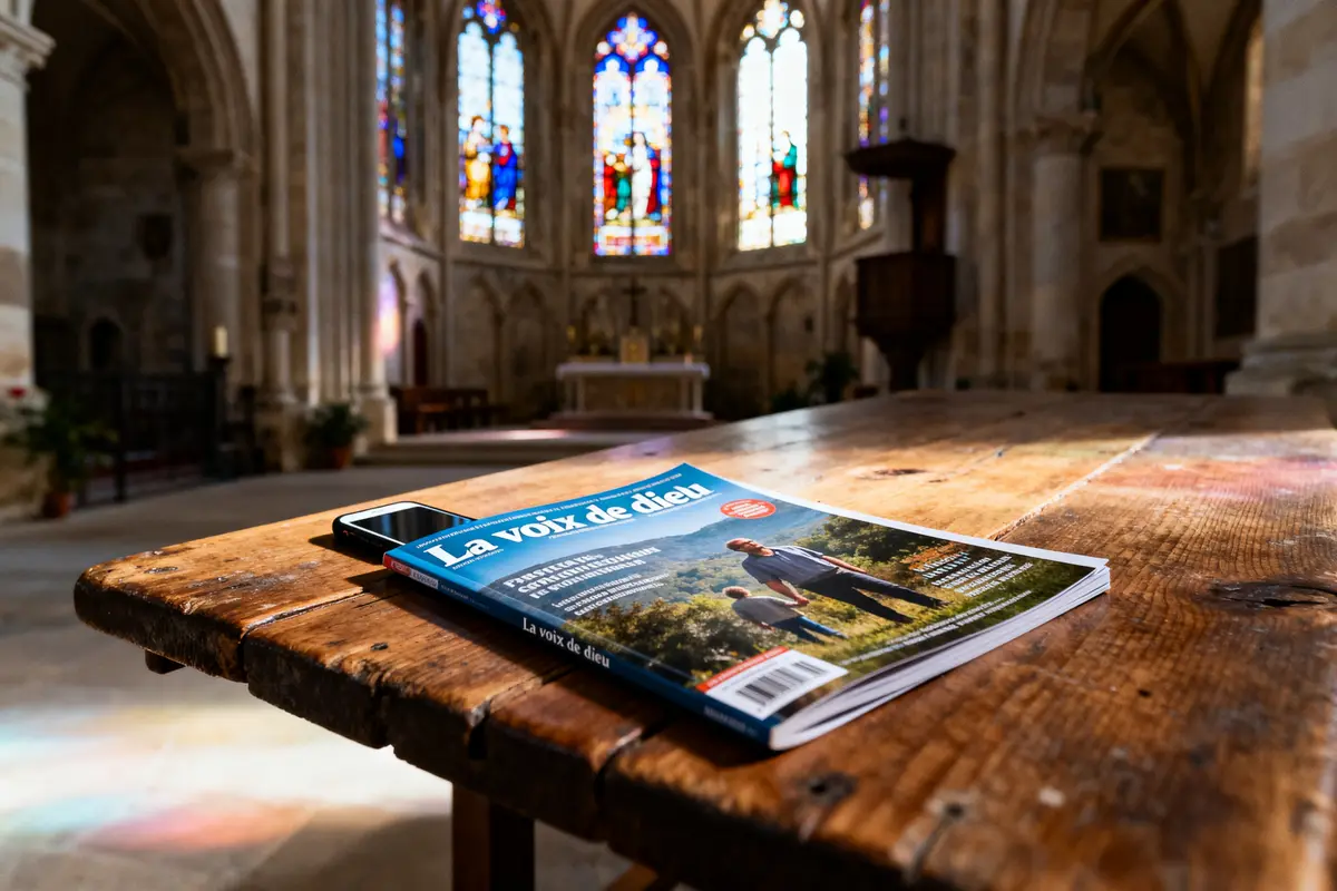 Magazine sur une table en bois dans une église avec vitraux colorés en arrière-plan.
