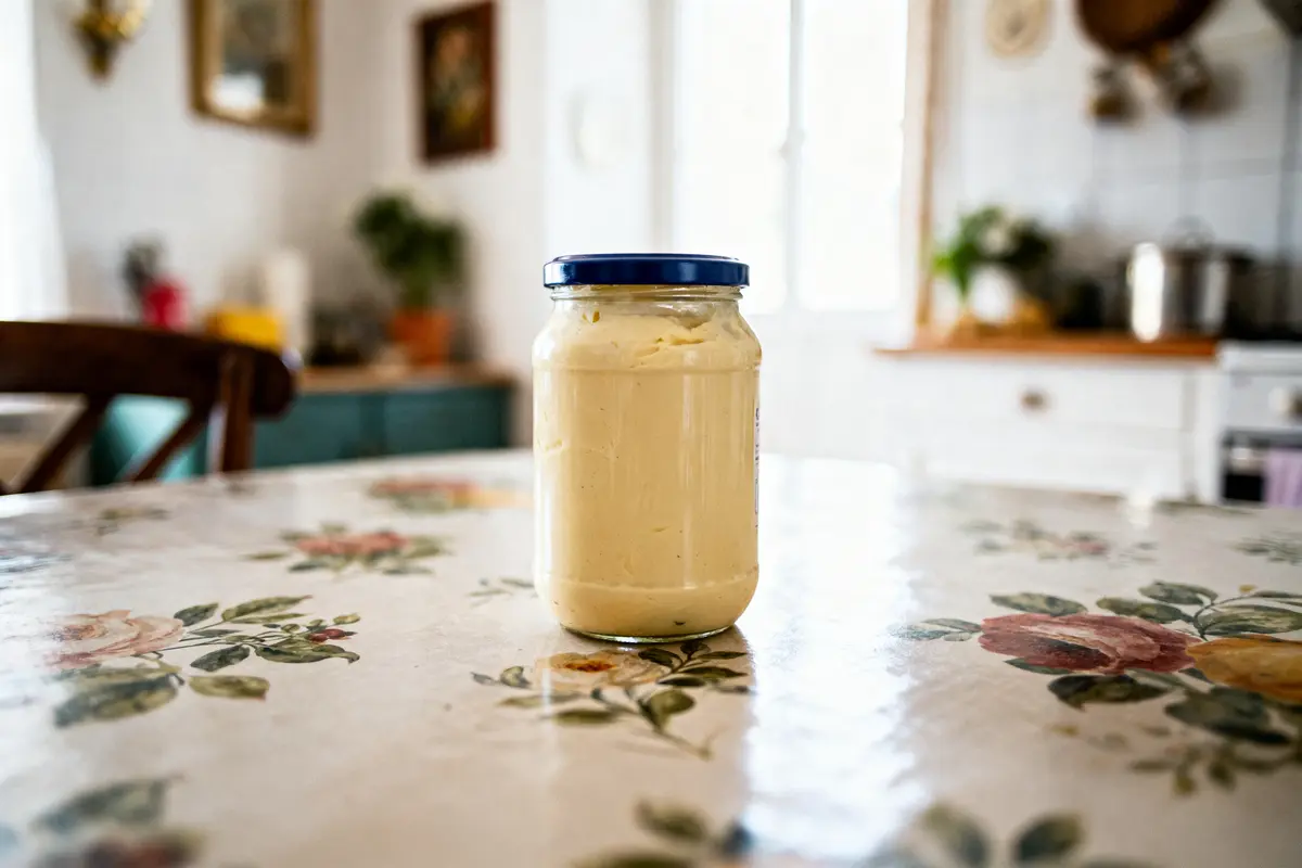 Bocal en verre de mayonnaise sur une table fleurie dans une cuisine lumineuse.