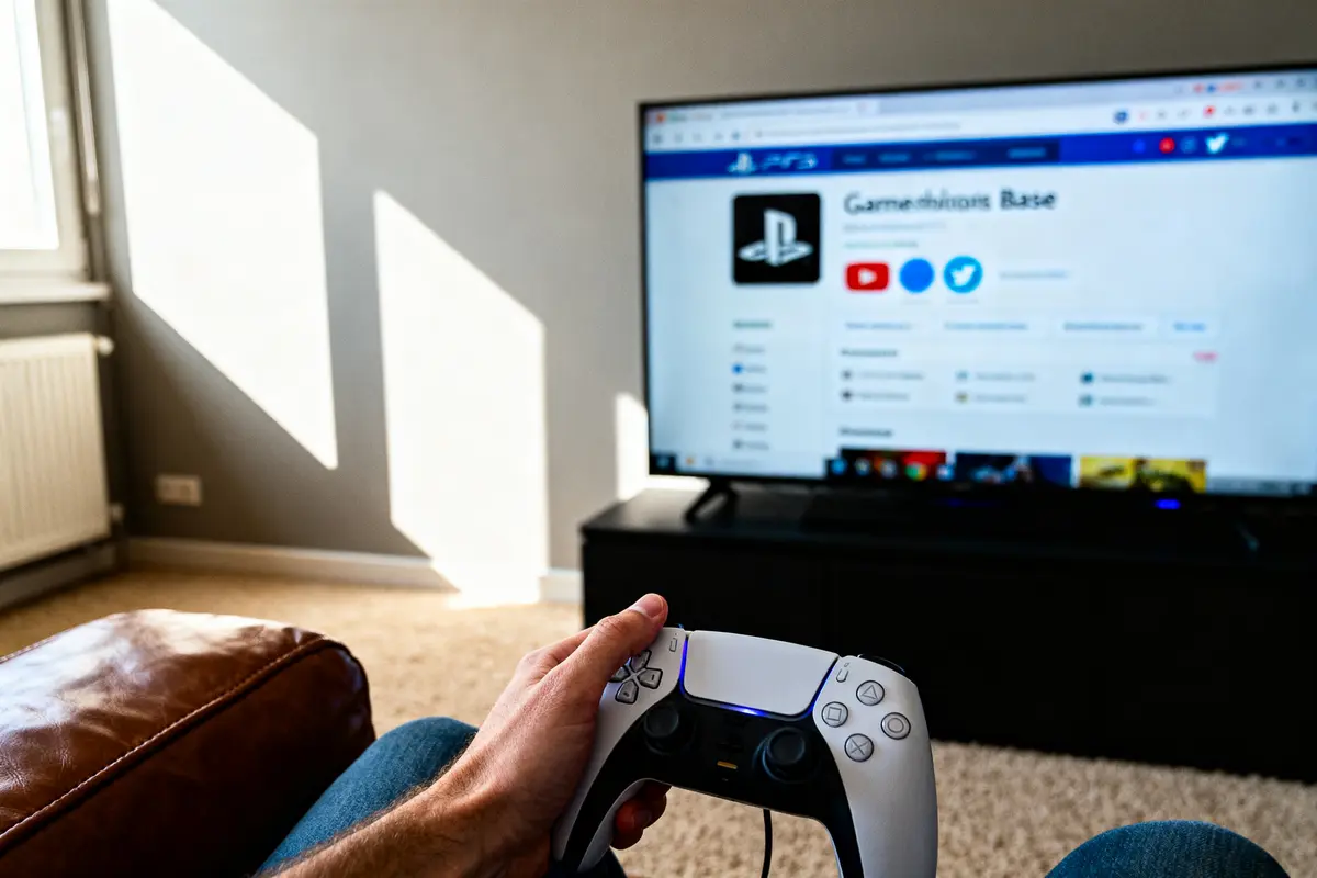 Une main tenant une manette de jeu PlayStation devant une télévision affichant une page web PS5.