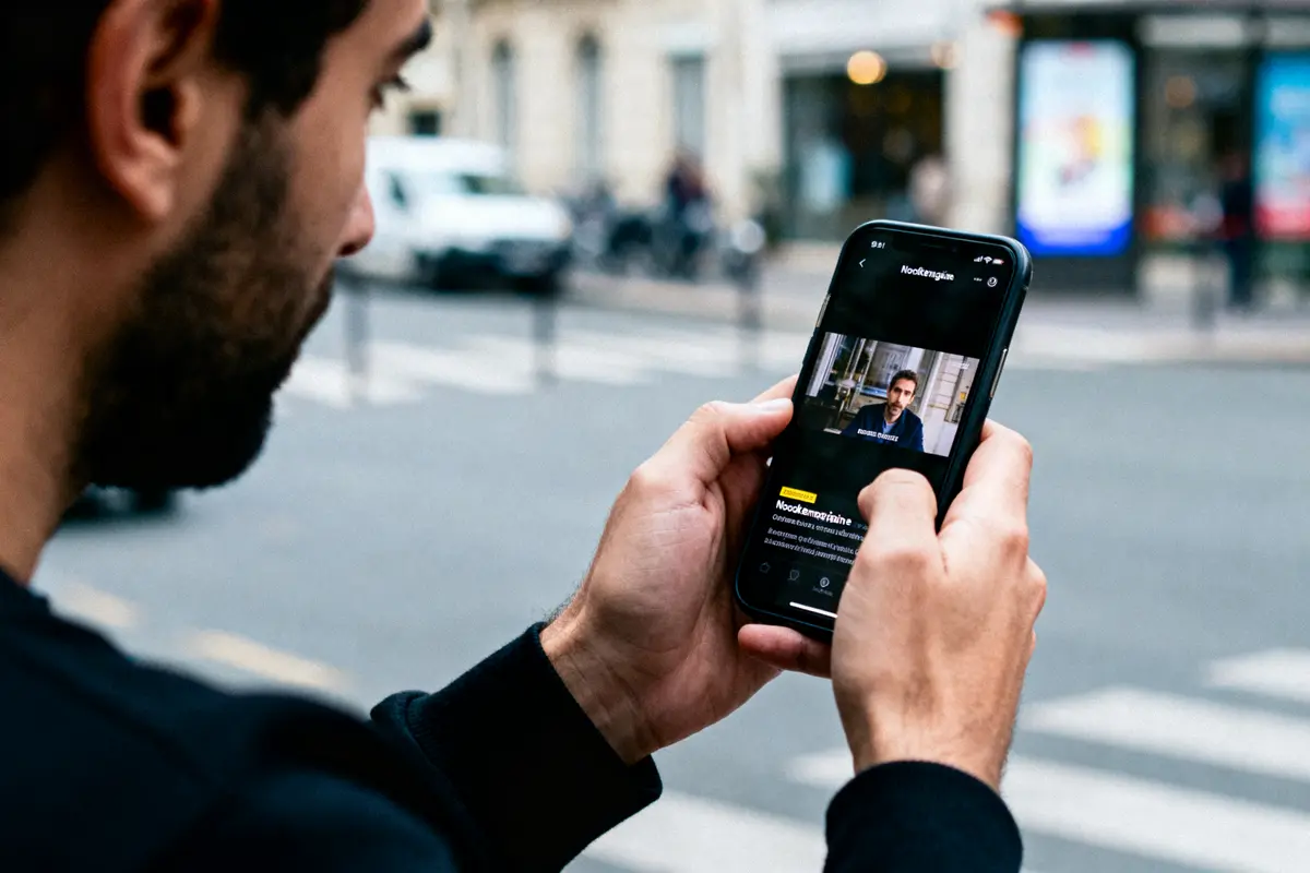 Homme regardant une vidéo sur smartphone en ville, écran montrant portrait d'une personne en costume.