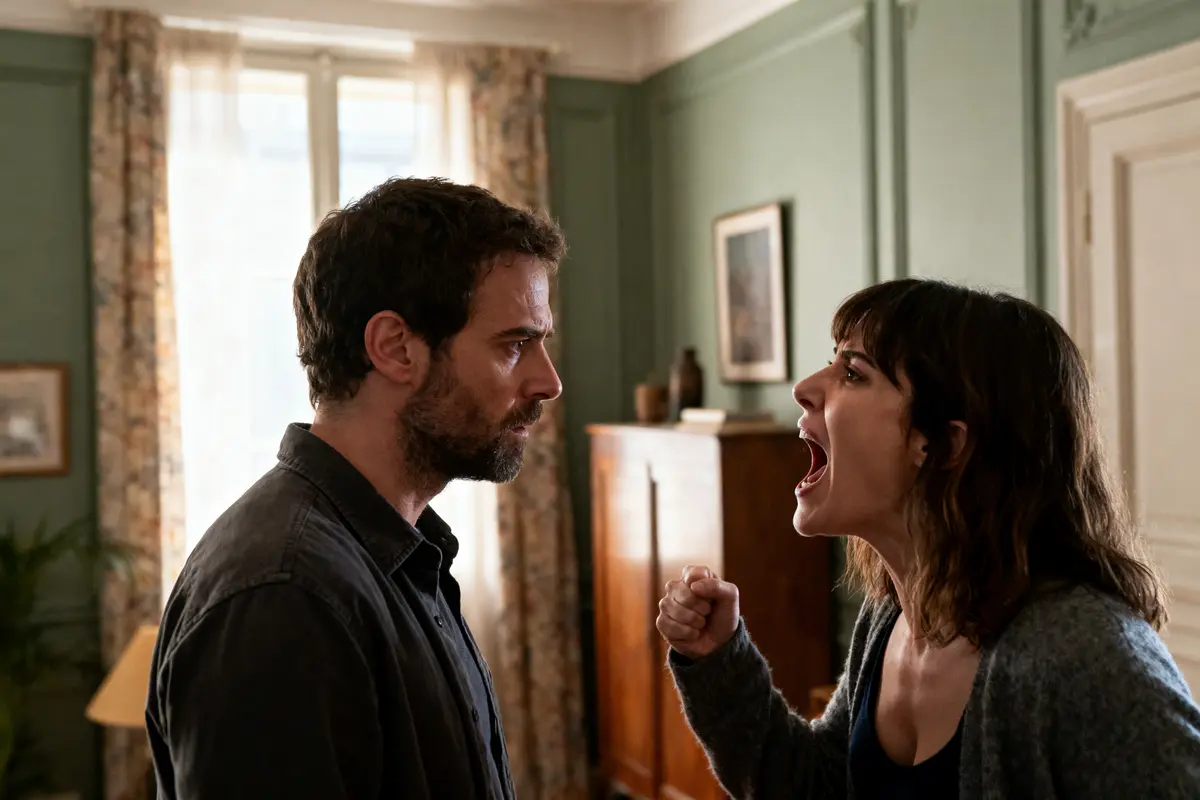 Un homme et une femme discutant intensément dans un salon, la femme semble crier.