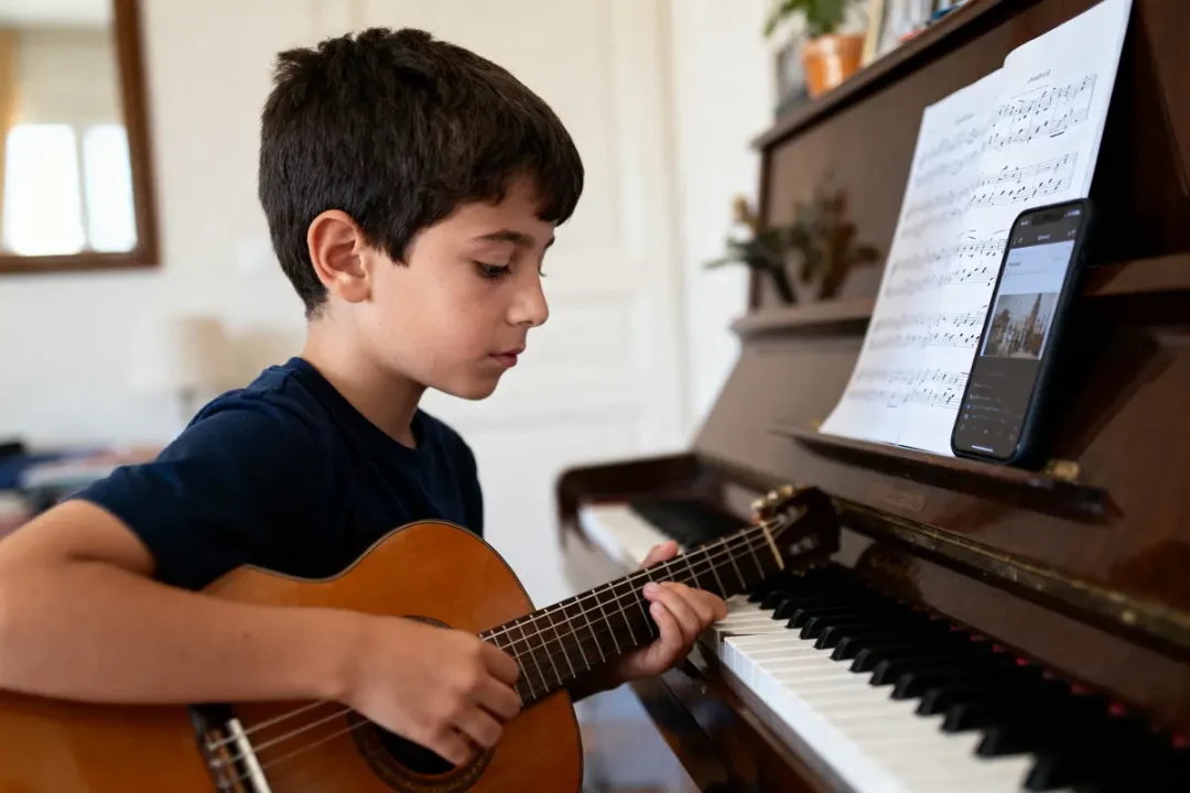 Un garçon joue de la guitare devant un piano avec partitions et téléphone posé dessus.