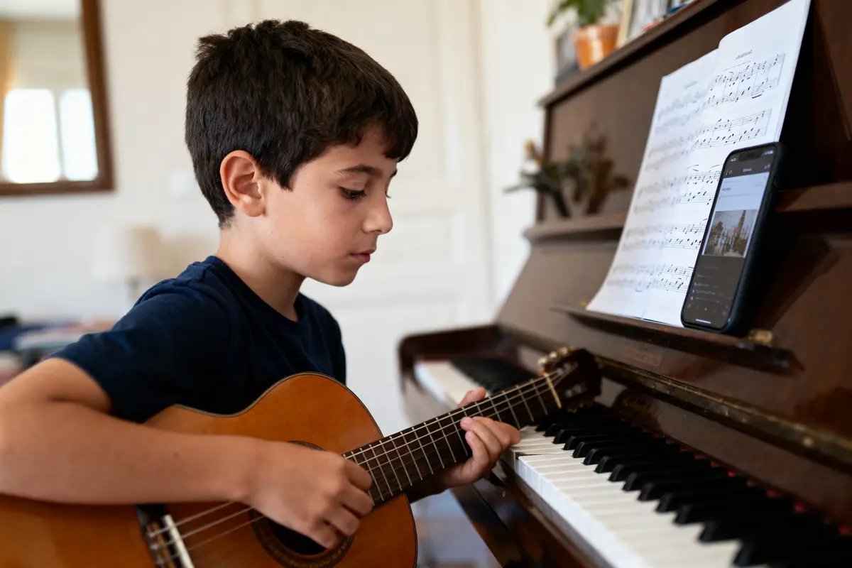 Un garçon joue de la guitare devant un piano avec partitions et téléphone posé dessus.