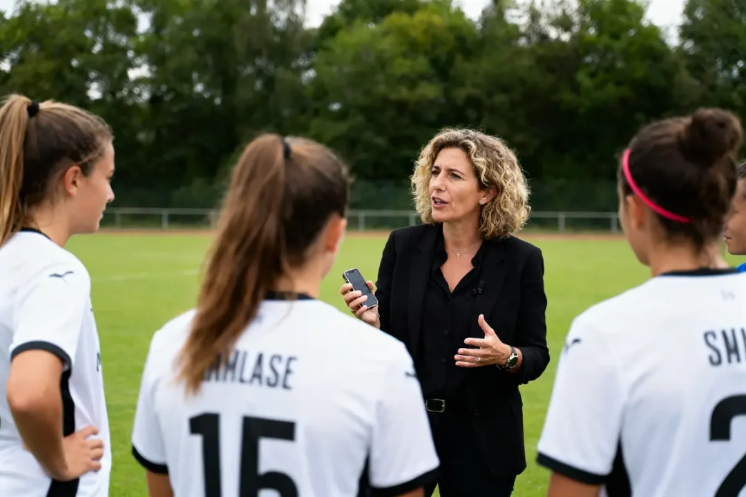 Une femme interviewe des joueuses de football en uniforme blanc sur un terrain, tenant un microphone.