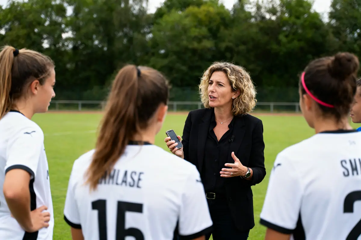 Une femme interviewe des joueuses de football en uniforme blanc sur un terrain, tenant un microphone.