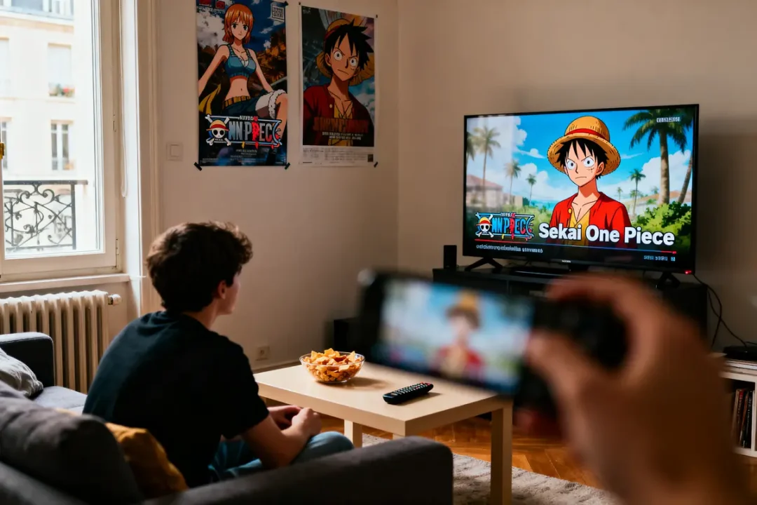 Un jeune homme regarde "One Piece" à la télévision, posters à l'arrière-plan, avec des snacks sur la table.
