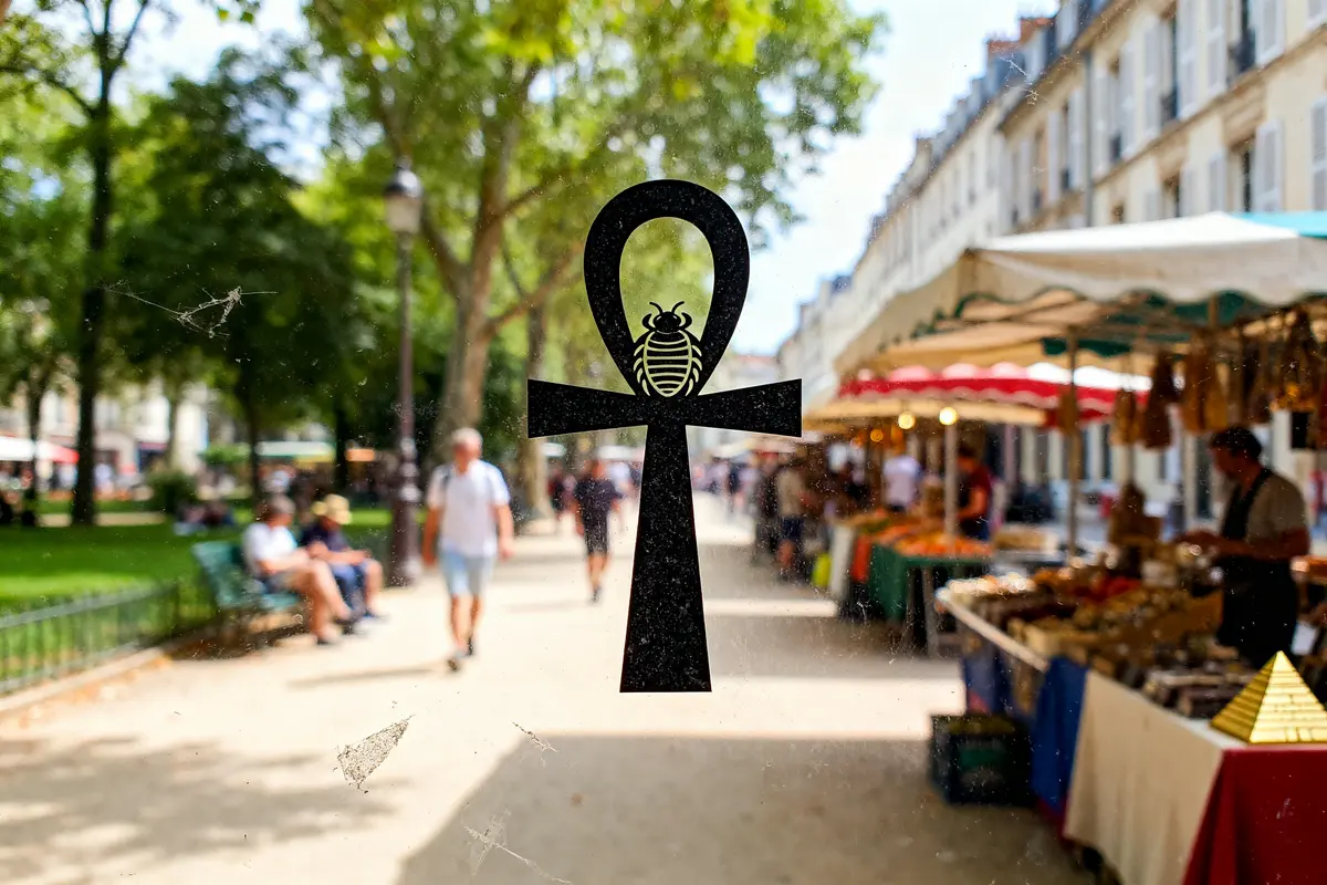 Symbole Ankh avec insecte en arrière-plan d'un marché animé, arbres et promeneurs flous.