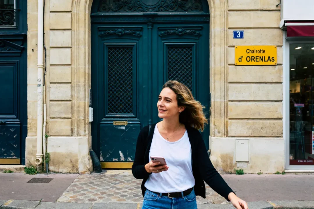 Femme souriante tenant un téléphone, devant une porte bleue ancienne, enseigne de rue visible.