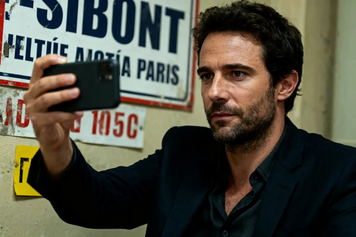 Homme barbu en costume prenant selfie, panneau en arrière-plan.