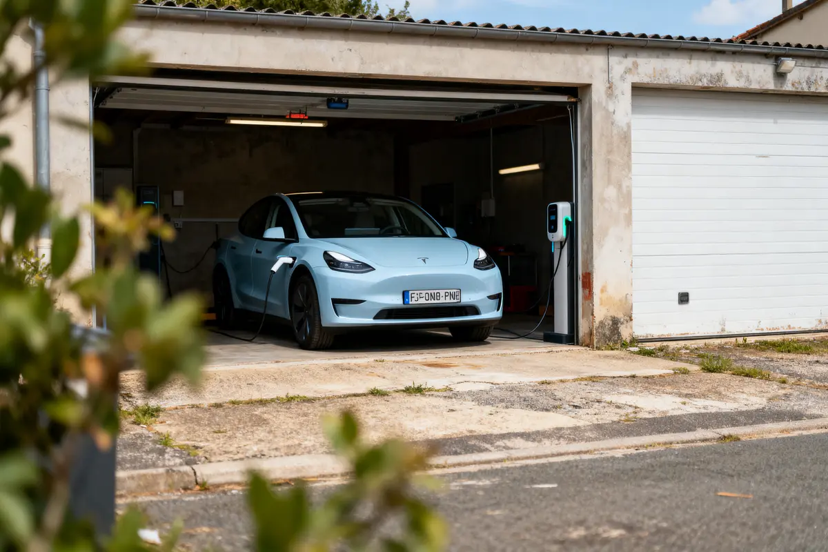Voiture électrique bleu clair chargeant dans un garage, branchée à une borne de recharge murale.