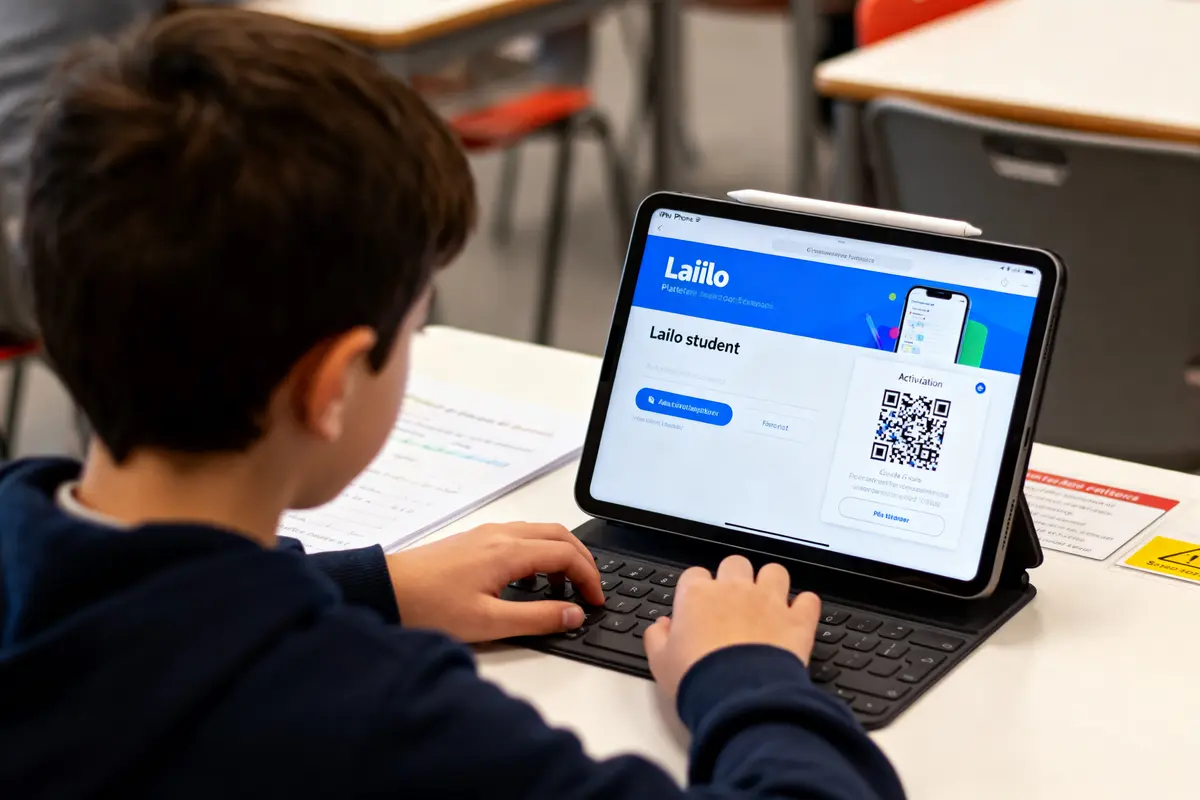 Un élève utilise une tablette avec l'application Lailo en classe, visible à l'écran avec un QR code.