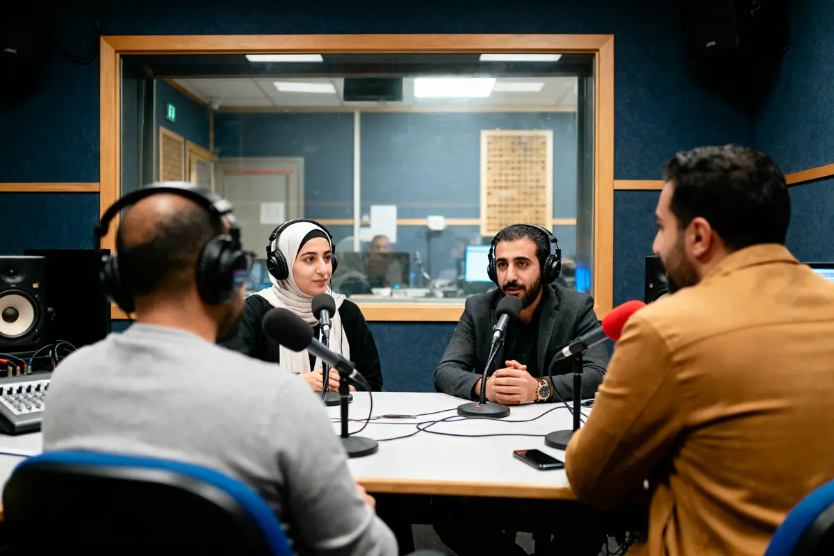 Quatre personnes discutent dans un studio d'enregistrement radio, portant des casques, avec micros devant eux.