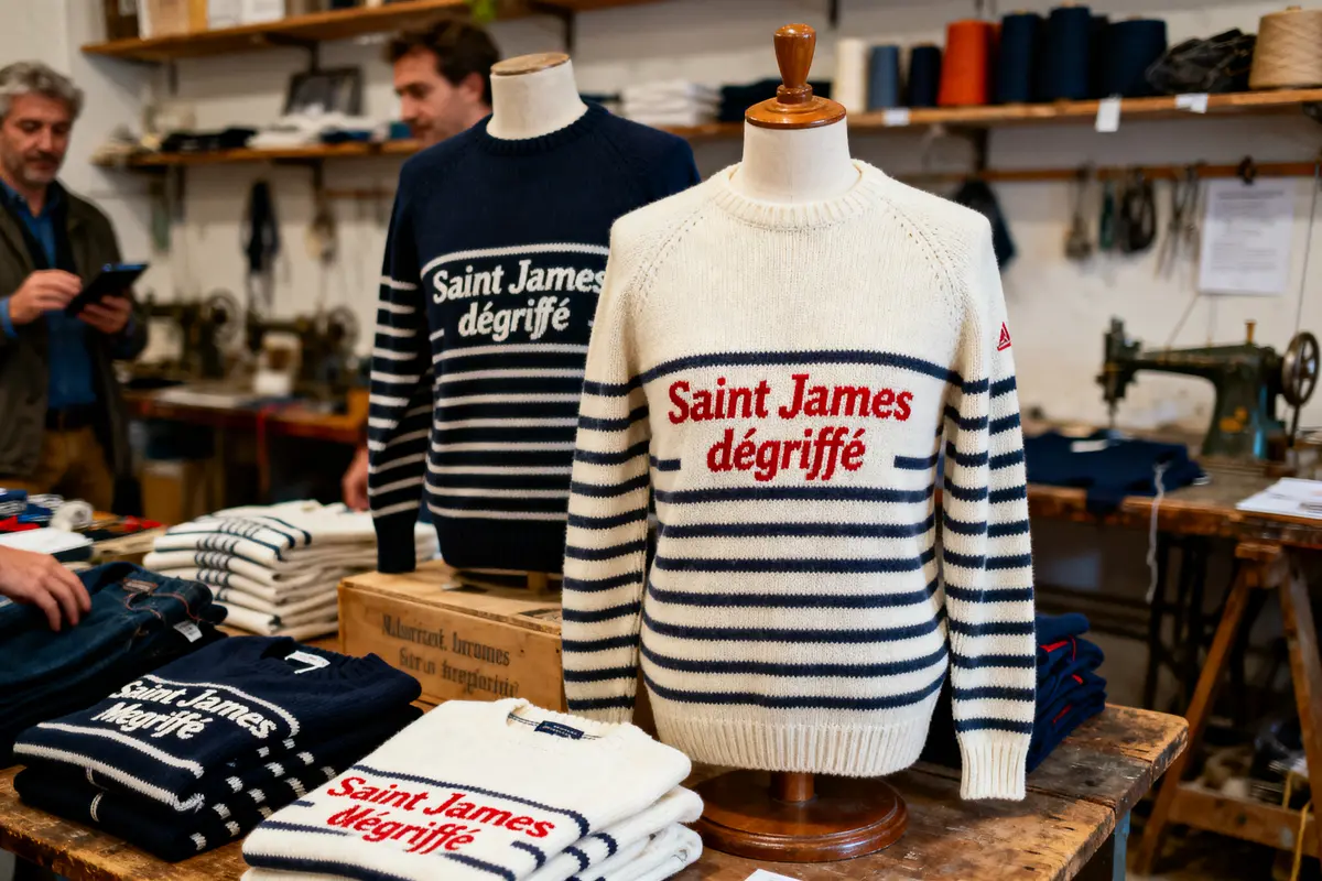 Pulls marins Saint James dégriffés sur mannequins et table, avec fond de boutique artisanale.