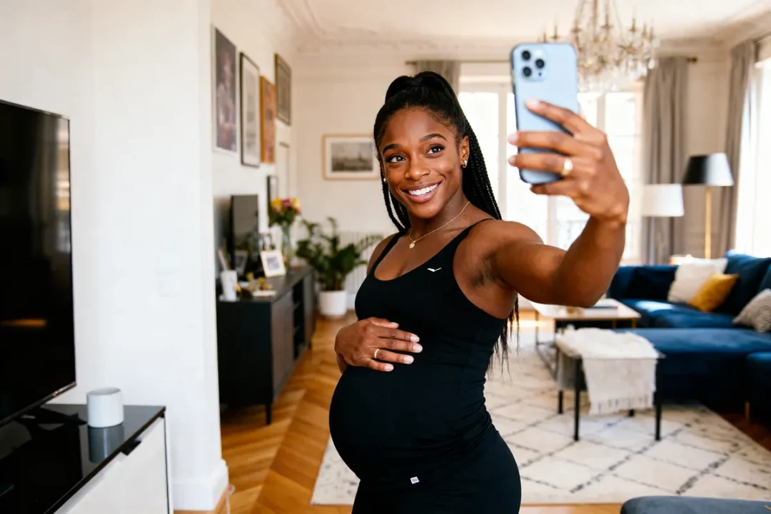 Femme enceinte souriante prenant un selfie dans son salon élégant et lumineux, en tenue de sport noire.