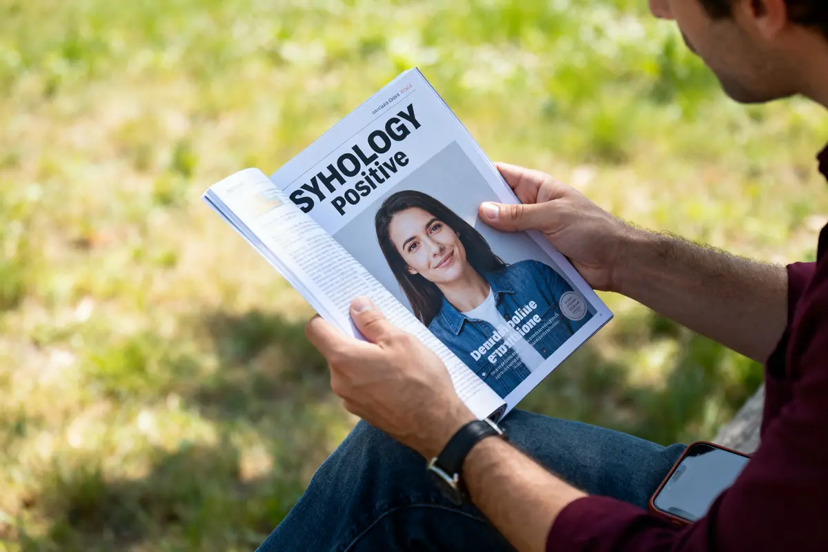 Personne lisant magazine avec couverture sur psychologie positive, assis sur l'herbe. Téléphone visible à côté.