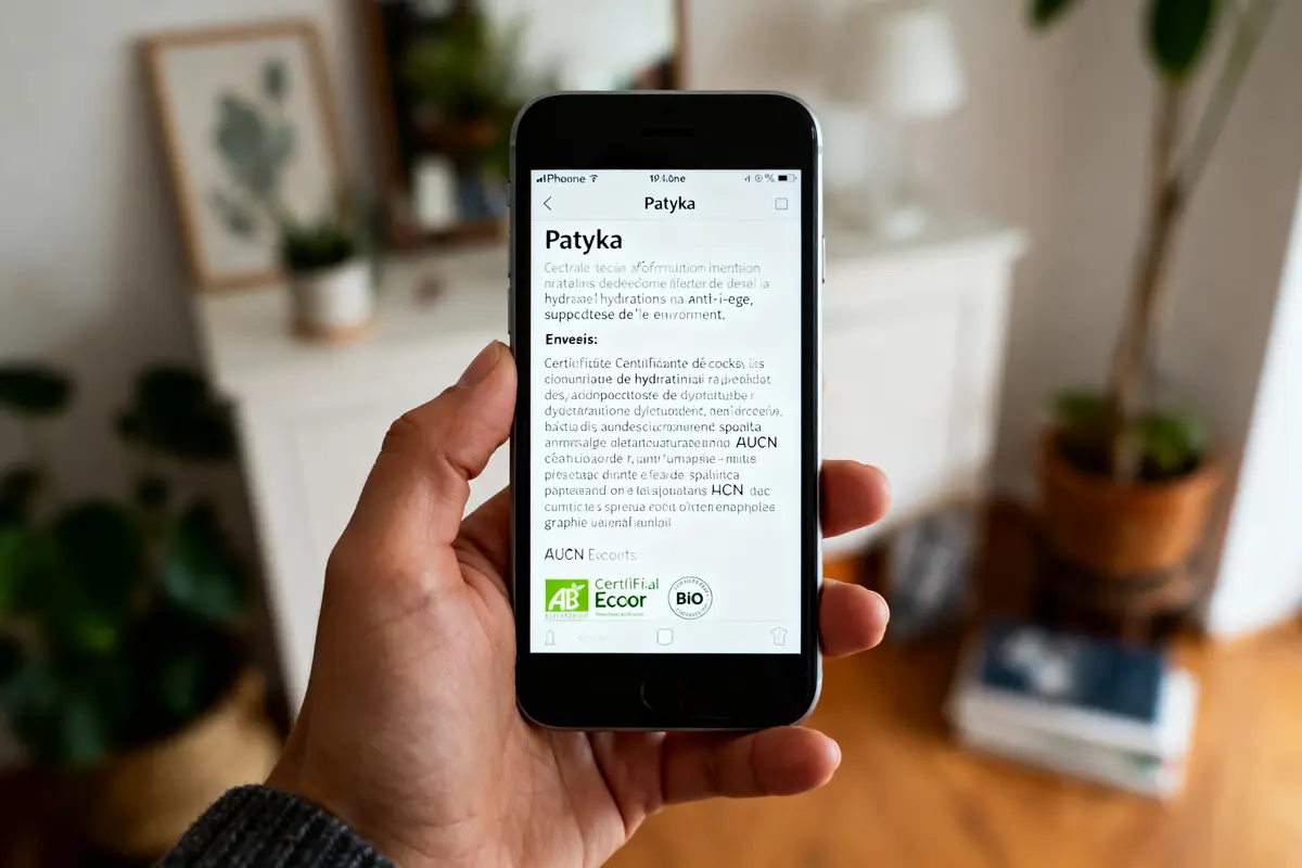 Une main tenant un smartphone affichant un texte sur la marque Patyka, intérieur flou en arrière-plan.
