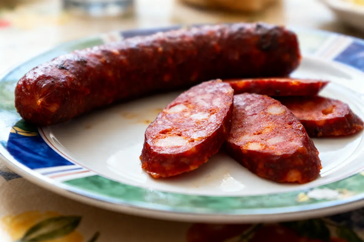 Saucisse entière et tranches de saucisson rouge sur assiette colorée, table garnie.