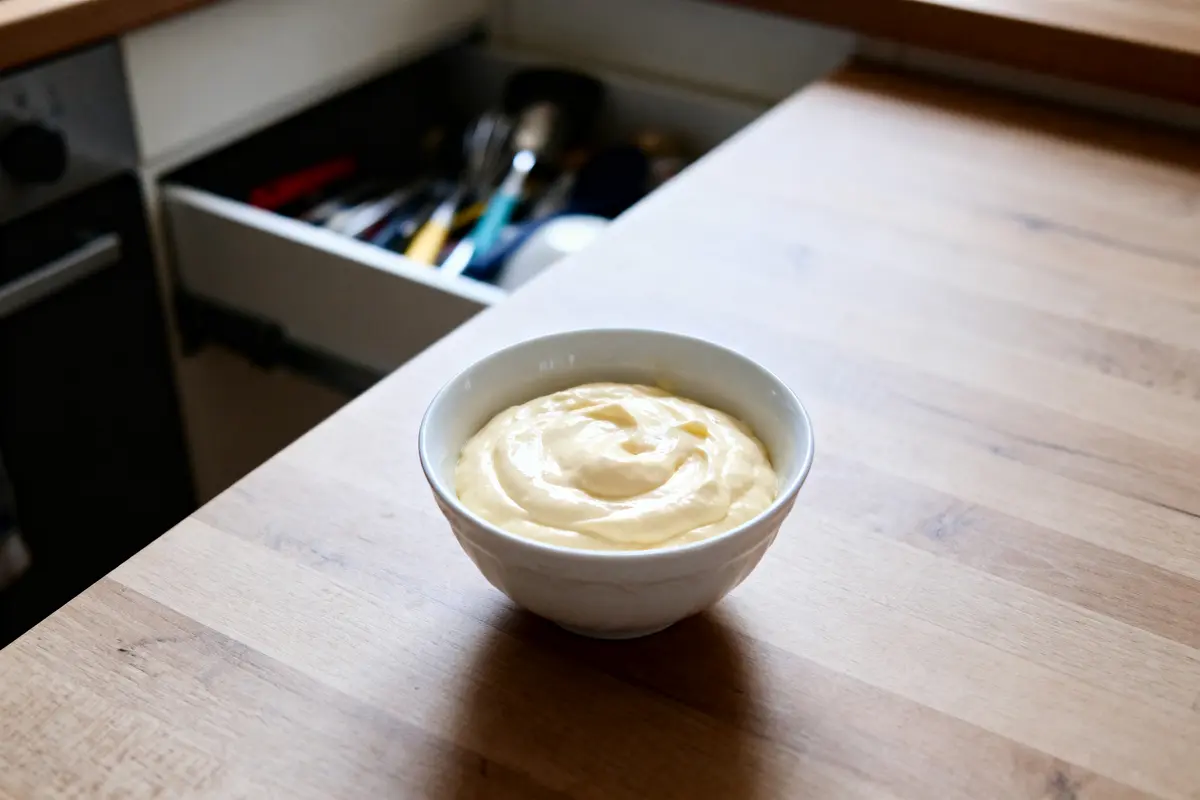 Bol de mayonnaise sur comptoir en bois avec tiroir d'ustensiles ouvert en arrière-plan.