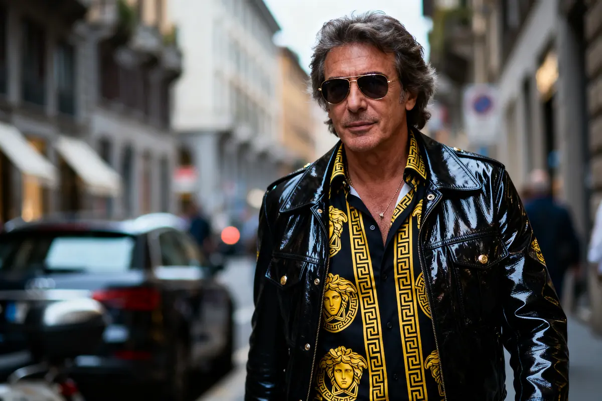 Homme portant lunettes de soleil, chemise à motifs baroques, veste brillante, marchant dans une rue urbaine.