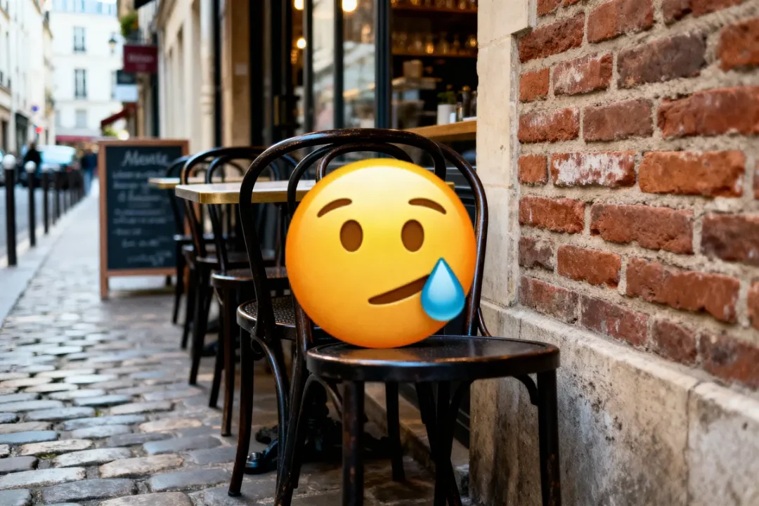 Emoji pensif sur chaise de café parisien, sol pavé, mur de briques, ambiance de rue animée.