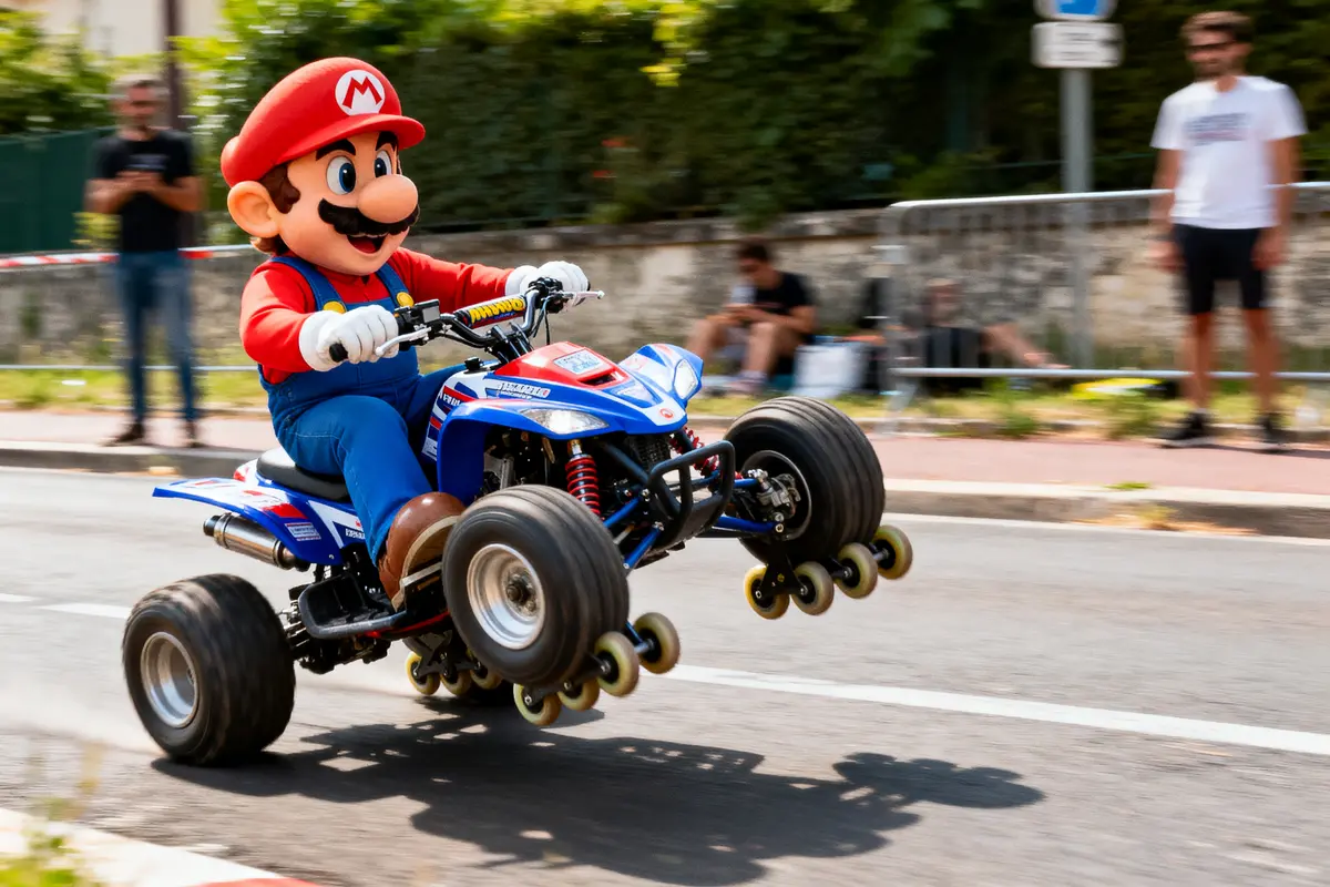Personnage costumé en Mario conduisant un quad bleu sur une route bordée de spectateurs flous.