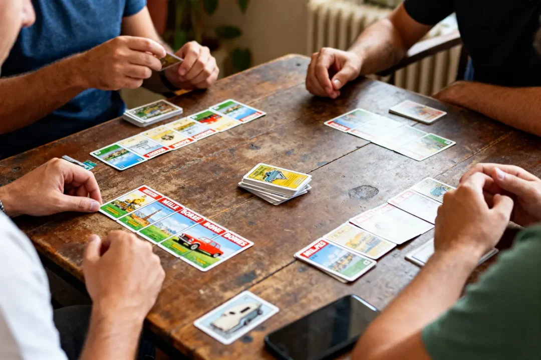Quatre personnes jouent au jeu de société Mille Bornes sur une table en bois.