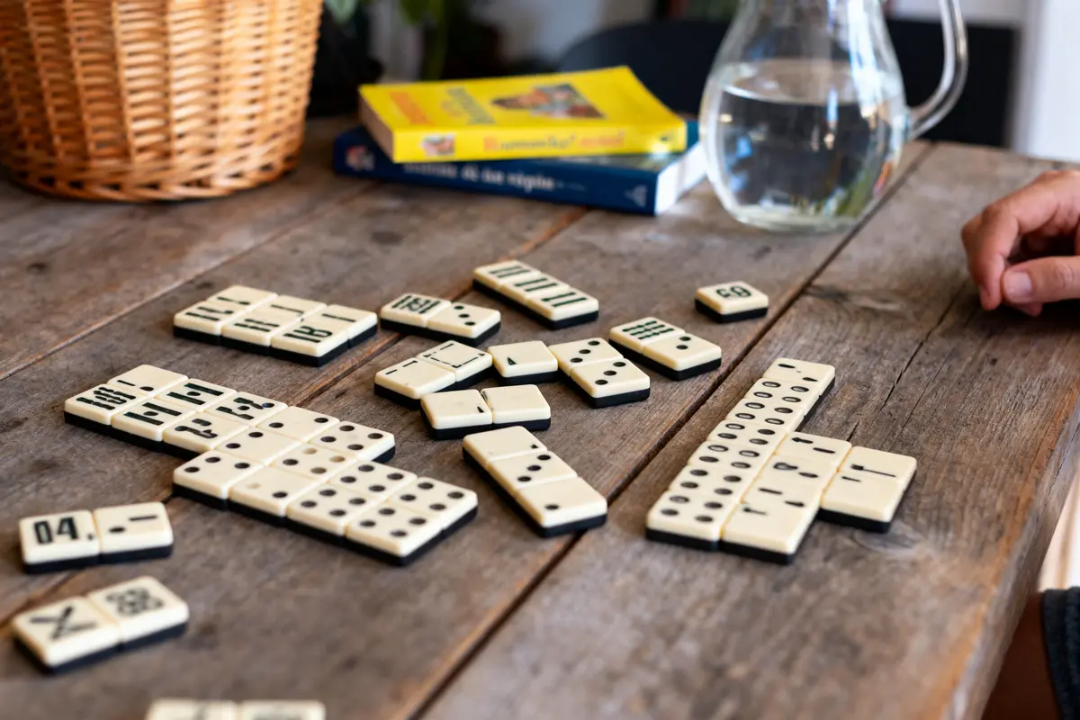 Dominos en cours de jeu sur table en bois, livres et carafe d'eau en arrière-plan.