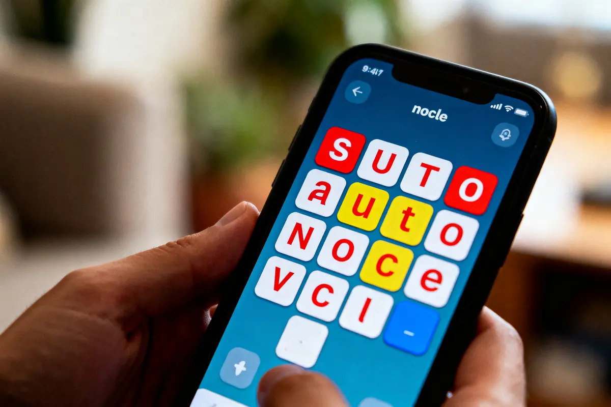 Un jeu de mots sur smartphone avec des lettres colorées affichées à l'écran.