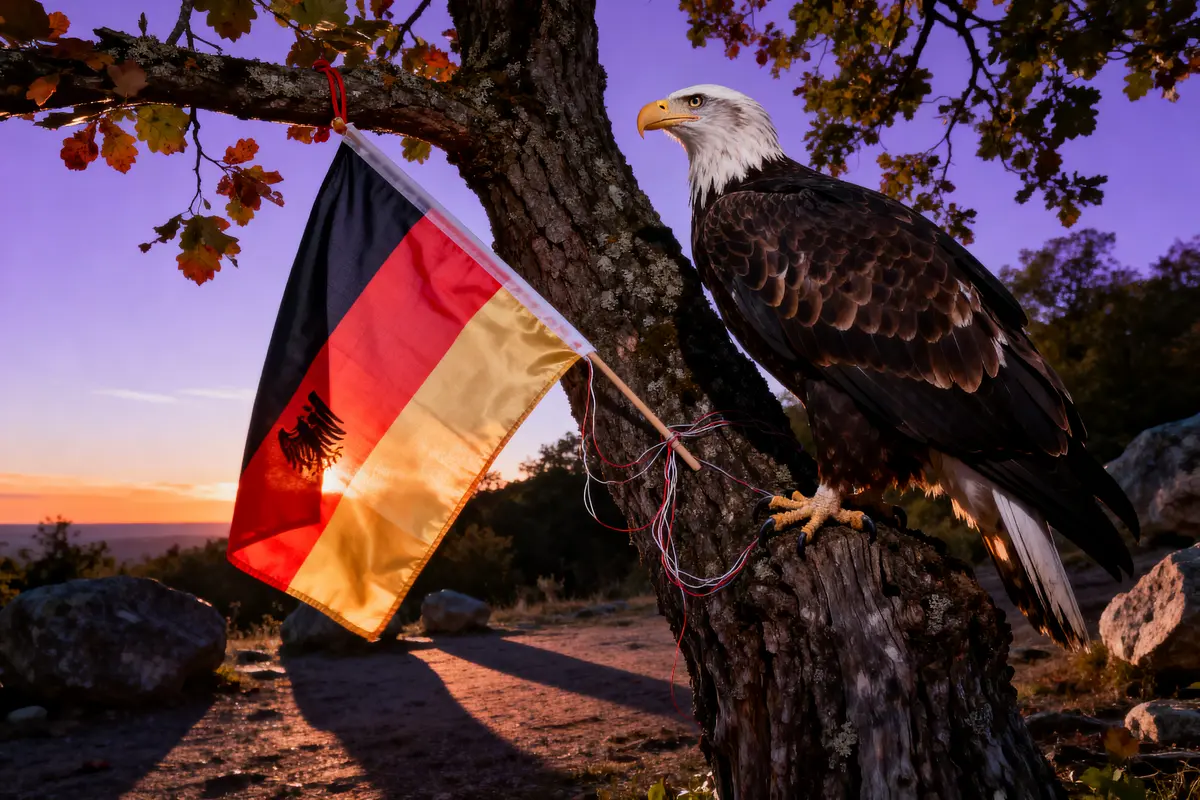 Aigle perché sur un arbre avec drapeau allemand, coucher de soleil en arrière-plan.