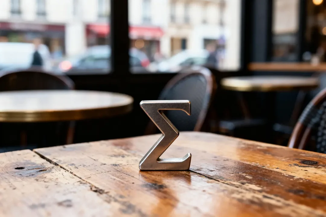 Symbole Sigma métallique sur table en bois, café en arrière-plan flou, ambiance chaleureuse.